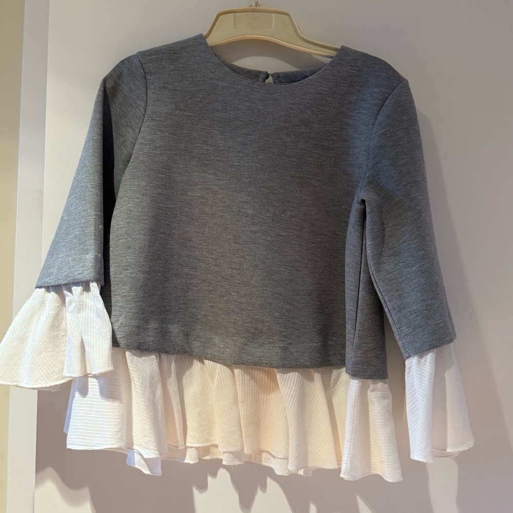 Gray and White Ruffle Top